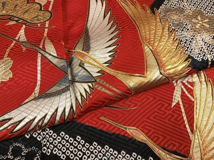 平和屋着物●豪華振袖　絞り　駒刺繍　群れ鶴草花文　金銀彩　正絹　逸品　AABN5734ph
