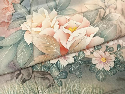 平和屋着物●訪問着　作家物　草花文　暈し染め　浜ちりめん　仮絵羽　正絹　逸品　未使用　AABN5749ph
