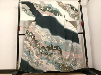 平和屋着物●訪問着　駒刺繍　吉祥花唐草文　暈し染め　金彩　正絹　逸品　AABN5752ph