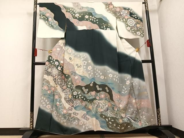 平和屋着物●訪問着　駒刺繍　吉祥花唐草文　暈し染め　金彩　正絹　逸品　AABN5752ph