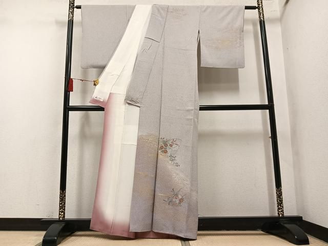 平和屋着物●中国三大刺繍　汕頭刺繍　スワトウ刺繍　訪問着　草花文　暈し染め　金彩　やまと誂製　正絹　逸品　AABN5760ph