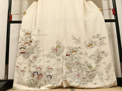 平和屋着物●訪問着　刺繍　草花文　金糸　正絹　逸品　AABN5766ph