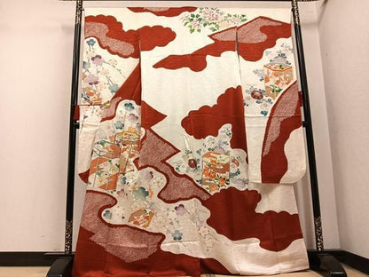 平和屋着物●豪華振袖　絞り　駒刺繍　貝桶花文　金彩　正絹　逸品　AABN5772ph