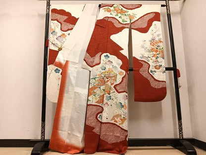 平和屋着物●豪華振袖　絞り　駒刺繍　貝桶花文　金彩　正絹　逸品　AABN5772ph