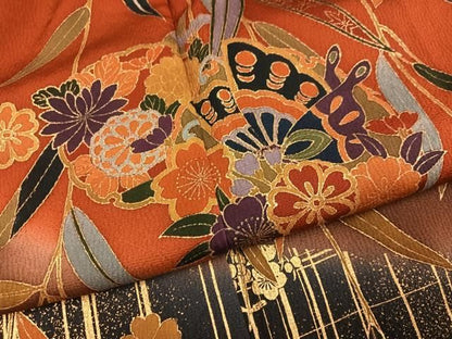 平和屋着物●豪華振袖　雪輪花蝶文　暈し染め　金彩　正絹　逸品　AABN5775ph
