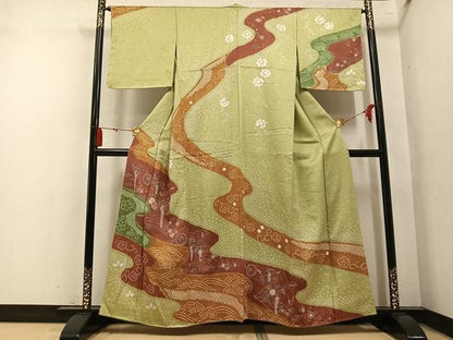 平和屋着物●中国三大刺繍　スワトウ刺繍　汕頭刺繍　訪問着　絞り　流水草花文　正絹　逸品　AABN5797ph
