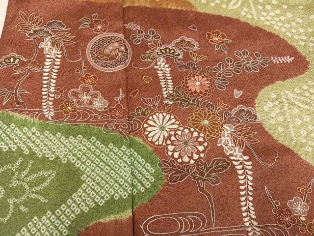 平和屋着物●中国三大刺繍　スワトウ刺繍　汕頭刺繍　訪問着　絞り　流水草花文　正絹　逸品　AABN5797ph