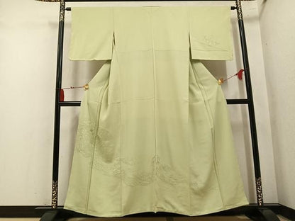 平和屋着物●中国三大刺繍 汕頭刺繍 スワトウ刺繍 総刺繍 無地絵羽訪問着 地紙草花文 色無地 若菜色 正絹 逸品 未使用 AABN5802ph