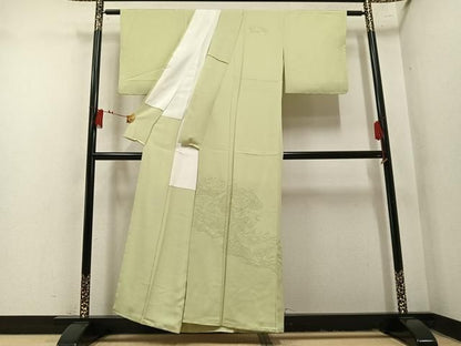 平和屋着物●中国三大刺繍 汕頭刺繍 スワトウ刺繍 総刺繍 無地絵羽訪問着 地紙草花文 色無地 若菜色 正絹 逸品 未使用 AABN5802ph