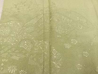 平和屋着物●中国三大刺繍 汕頭刺繍 スワトウ刺繍 総刺繍 無地絵羽訪問着 地紙草花文 色無地 若菜色 正絹 逸品 未使用 AABN5802ph