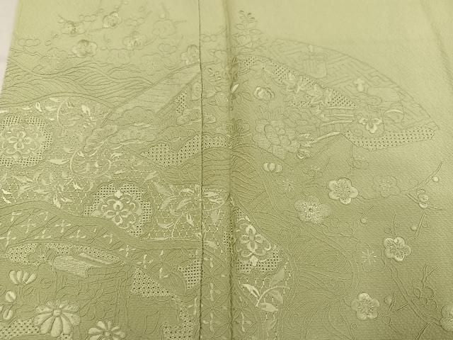 平和屋着物●中国三大刺繍 汕頭刺繍 スワトウ刺繍 総刺繍 無地絵羽訪問着 地紙草花文 色無地 若菜色 正絹 逸品 未使用 AABN5802ph