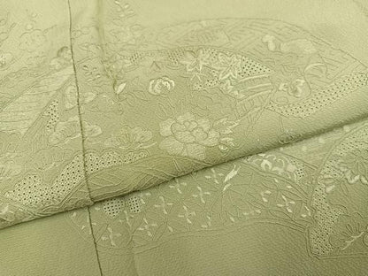 平和屋着物●中国三大刺繍 汕頭刺繍 スワトウ刺繍 総刺繍 無地絵羽訪問着 地紙草花文 色無地 若菜色 正絹 逸品 未使用 AABN5802ph