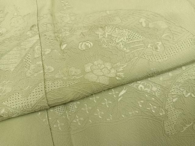 平和屋着物●中国三大刺繍 汕頭刺繍 スワトウ刺繍 総刺繍 無地絵羽訪問着 地紙草花文 色無地 若菜色 正絹 逸品 未使用 AABN5802ph