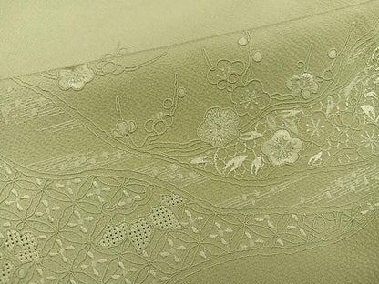 平和屋着物●中国三大刺繍 汕頭刺繍 スワトウ刺繍 総刺繍 無地絵羽訪問着 地紙草花文 色無地 若菜色 正絹 逸品 未使用 AABN5802ph