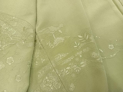 平和屋着物●中国三大刺繍 汕頭刺繍 スワトウ刺繍 総刺繍 無地絵羽訪問着 地紙草花文 色無地 若菜色 正絹 逸品 未使用 AABN5802ph
