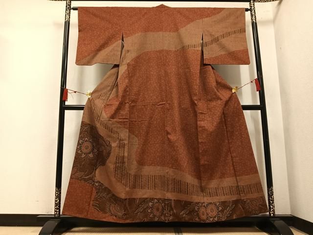 平和屋着物●訪問着　紬地　草花文　正絹　逸品　AABN5828ph