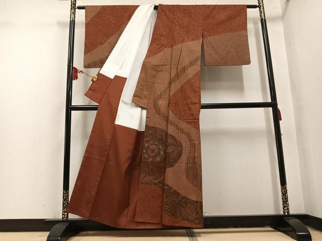 平和屋着物●訪問着　紬地　草花文　正絹　逸品　AABN5828ph