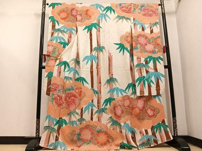 平和屋着物●名門　藤娘きぬたや・総絞り　振袖　笹竹花文　正絹　逸品　AABN5835ph
