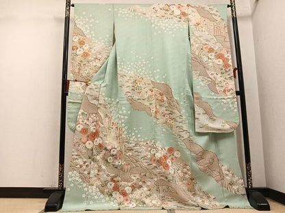 平和屋着物●豪華振袖　草花文　金彩　ロング丈　正絹　逸品　AABN5836ph