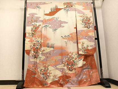 平和屋着物●豪華振袖　駒刺繍　花車文　暈し染め　金彩　正絹　逸品　AABN5837ph