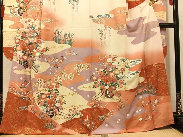 平和屋着物●豪華振袖　駒刺繍　花車文　暈し染め　金彩　正絹　逸品　AABN5837ph