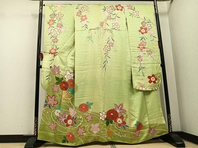 平和屋着物●豪華振袖　駒刺繍　草花文　金彩　正絹　逸品　AABN5844ph