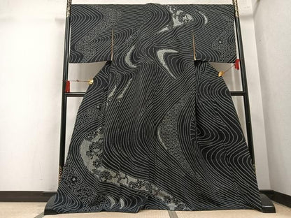 平和屋着物●訪問着　総絞り　流水花文　黒地　正絹　逸品　AABN5867ph