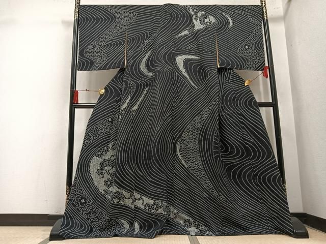 平和屋着物●訪問着　総絞り　流水花文　黒地　正絹　逸品　AABN5867ph
