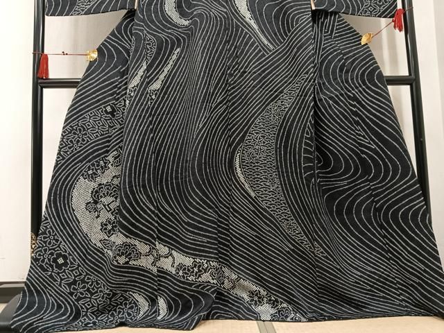 平和屋着物●訪問着　総絞り　流水花文　黒地　正絹　逸品　AABN5867ph