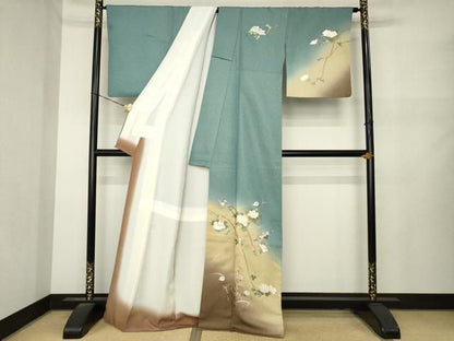 平和屋着物●訪問着　螺鈿　飛鶴花文　暈し染め　金銀彩　金通し地　正絹　逸品　AABN6004ck