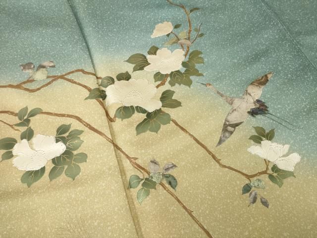 平和屋着物●訪問着　螺鈿　飛鶴花文　暈し染め　金銀彩　金通し地　正絹　逸品　AABN6004ck