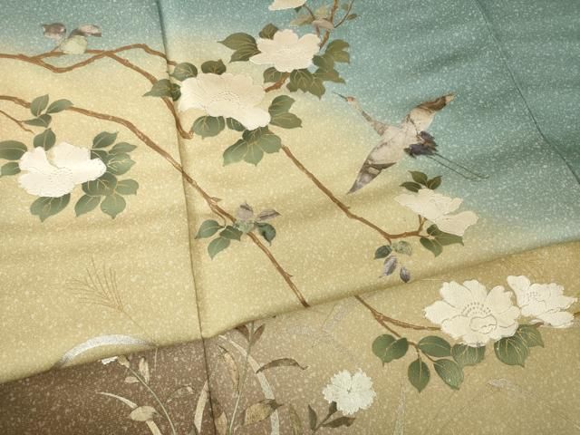 平和屋着物●訪問着　螺鈿　飛鶴花文　暈し染め　金銀彩　金通し地　正絹　逸品　AABN6004ck
