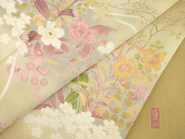 平和屋着物●訪問着　友禅　作家物　草花文　暈し染め　正絹　逸品　AABN6008ck