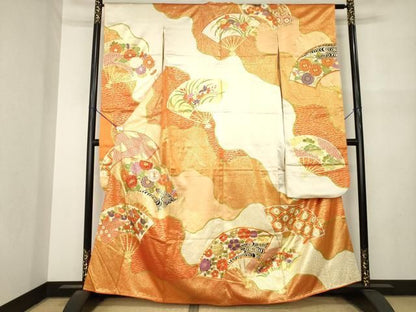 平和屋着物●豪華振袖　駒刺繍　扇面花文　金彩　正絹　逸品　AABN6018ck