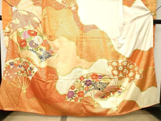平和屋着物●豪華振袖　駒刺繍　扇面花文　金彩　正絹　逸品　AABN6018ck