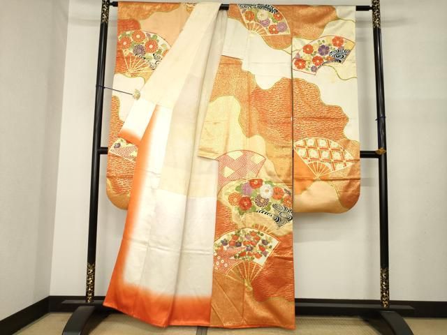 平和屋着物●豪華振袖　駒刺繍　扇面花文　金彩　正絹　逸品　AABN6018ck