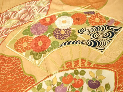 平和屋着物●豪華振袖　駒刺繍　扇面花文　金彩　正絹　逸品　AABN6018ck