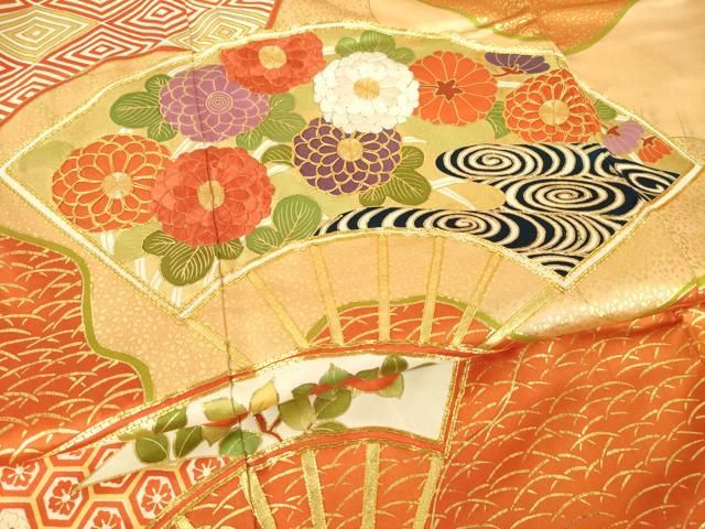 平和屋着物●豪華振袖　駒刺繍　扇面花文　金彩　正絹　逸品　AABN6018ck
