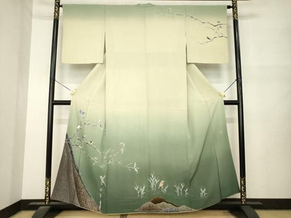 平和屋着物●十日町友禅　女流作家　遠田藤舟 　訪問着　枝に休み鳥　暈し染め　正絹　逸品　AABN6023ck