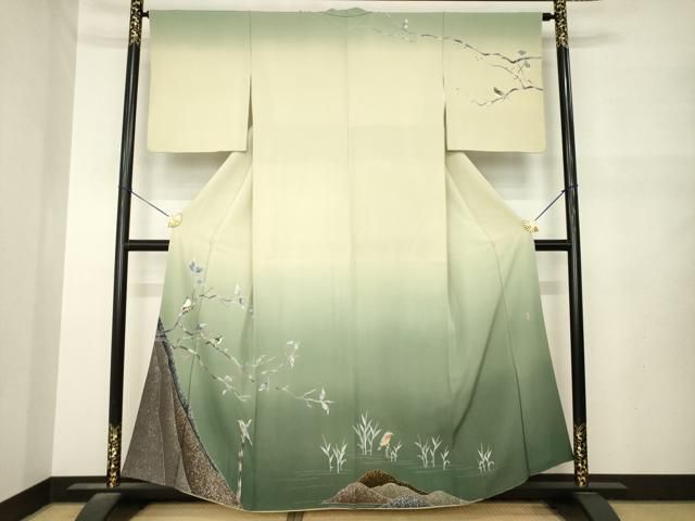平和屋着物●十日町友禅　女流作家　遠田藤舟 　訪問着　枝に休み鳥　暈し染め　正絹　逸品　AABN6023ck