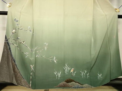 平和屋着物●十日町友禅　女流作家　遠田藤舟 　訪問着　枝に休み鳥　暈し染め　正絹　逸品　AABN6023ck