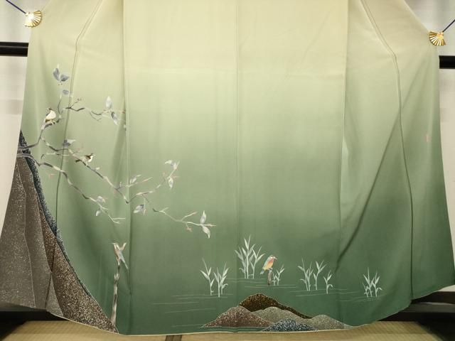 平和屋着物●十日町友禅　女流作家　遠田藤舟 　訪問着　枝に休み鳥　暈し染め　正絹　逸品　AABN6023ck