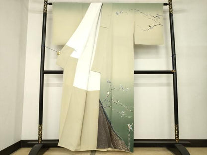 平和屋着物●十日町友禅　女流作家　遠田藤舟 　訪問着　枝に休み鳥　暈し染め　正絹　逸品　AABN6023ck