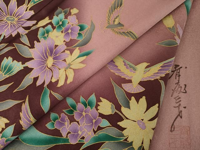平和屋着物●染色作家　斉藤三才　訪問着　三才鳥　花鳥文　暈し染め　金彩　正絹　逸品　AABN6041ck