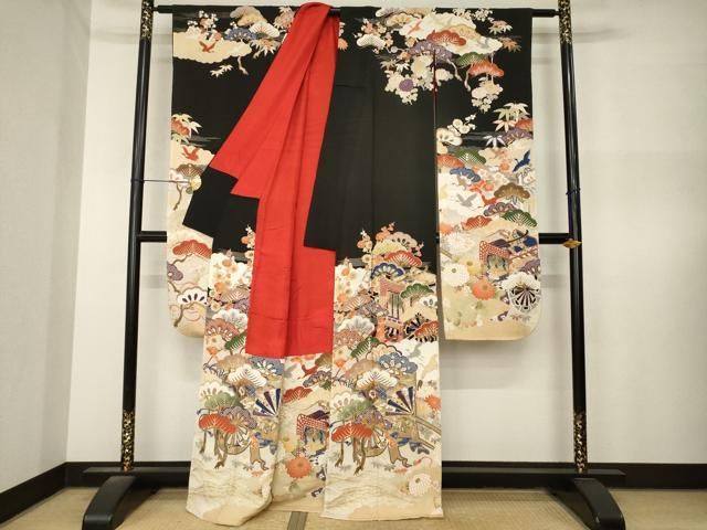 平和屋本店●アンティーク　大正ロマン　振袖　駒刺繍　御所車吉祥花文　黒地　金銀彩　正絹　逸品　AABN6066ck