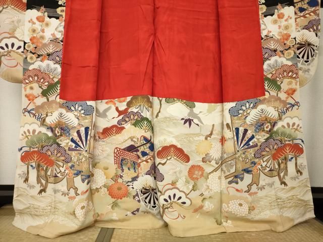 平和屋本店●アンティーク　大正ロマン　振袖　駒刺繍　御所車吉祥花文　黒地　金銀彩　正絹　逸品　AABN6066ck