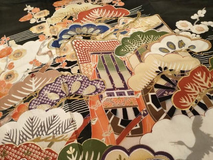 平和屋本店●アンティーク　大正ロマン　振袖　駒刺繍　御所車吉祥花文　黒地　金銀彩　正絹　逸品　AABN6066ck