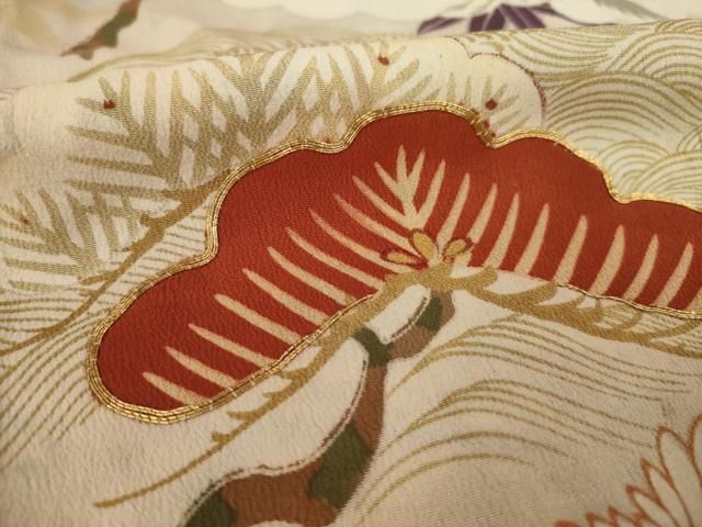 平和屋本店●アンティーク　大正ロマン　振袖　駒刺繍　御所車吉祥花文　黒地　金銀彩　正絹　逸品　AABN6066ck