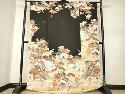 平和屋本店●アンティーク　大正ロマン　振袖　駒刺繍　御所車吉祥花文　黒地　金銀彩　正絹　逸品　AABN6066ck