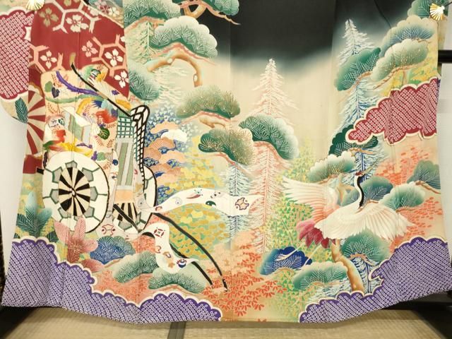 平和屋本店●アンティーク　大正ロマン　振袖　駒刺繍　御所車花文　正絹　逸品　AABN6068ck